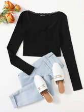 Lace Trim Bow Front Rib-knit Tee